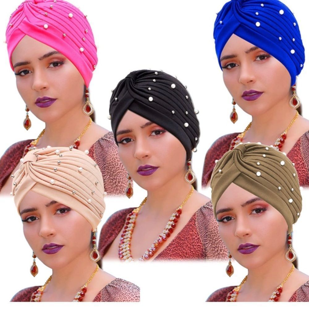 5 Pieces African Turbans Pre Tied Headwrap Faux Pearl Bead Head Beanie Bonnet​​